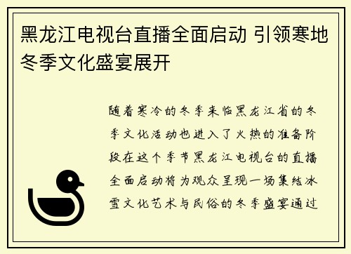 黑龙江电视台直播全面启动 引领寒地冬季文化盛宴展开
